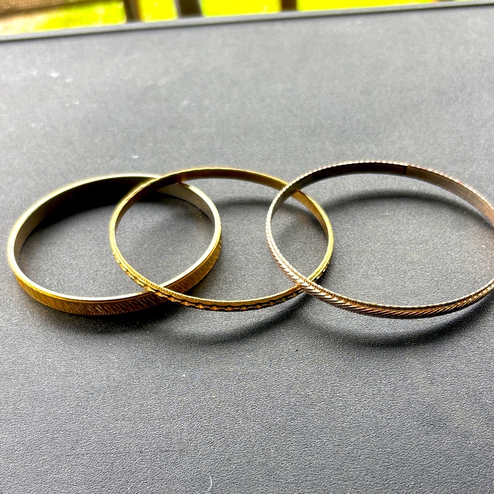 Set of Three Thin Textured Bangle Bracelets - Gold Tones